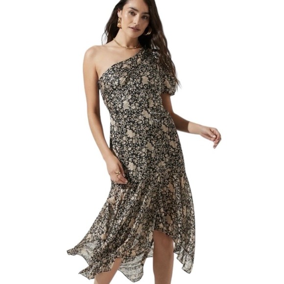 ASTR Santorini Floral One Shoulder Dress Womens Size L Black Ivory NWT $158 - Picture 2 of 16